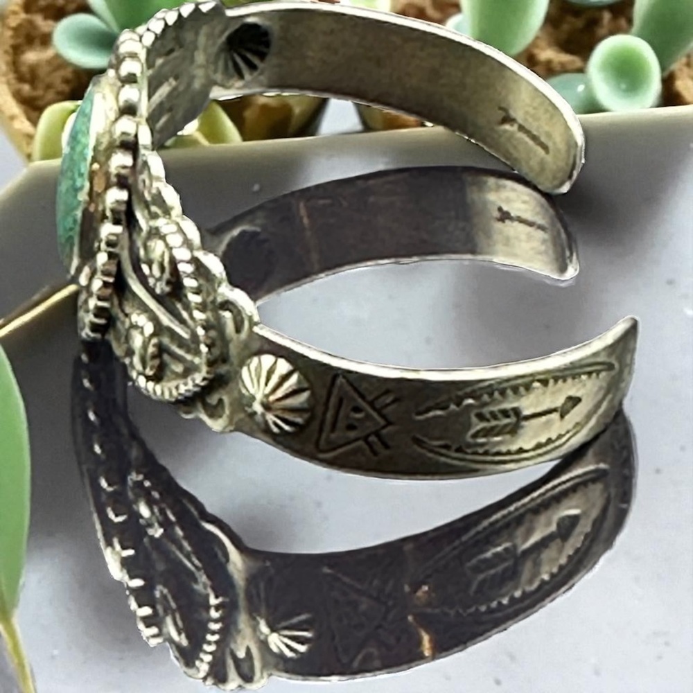 Navajo Sterling Silver Cuff Bracelet  w/Green Turquoise & Beadwork , Signed - Picture 7 of 8